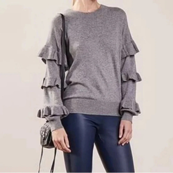 J. Crew Pewter Gray Crewneck Wool Blend Long Ruffle Sleeve Sweater Size Large L - Picture 1 of 9